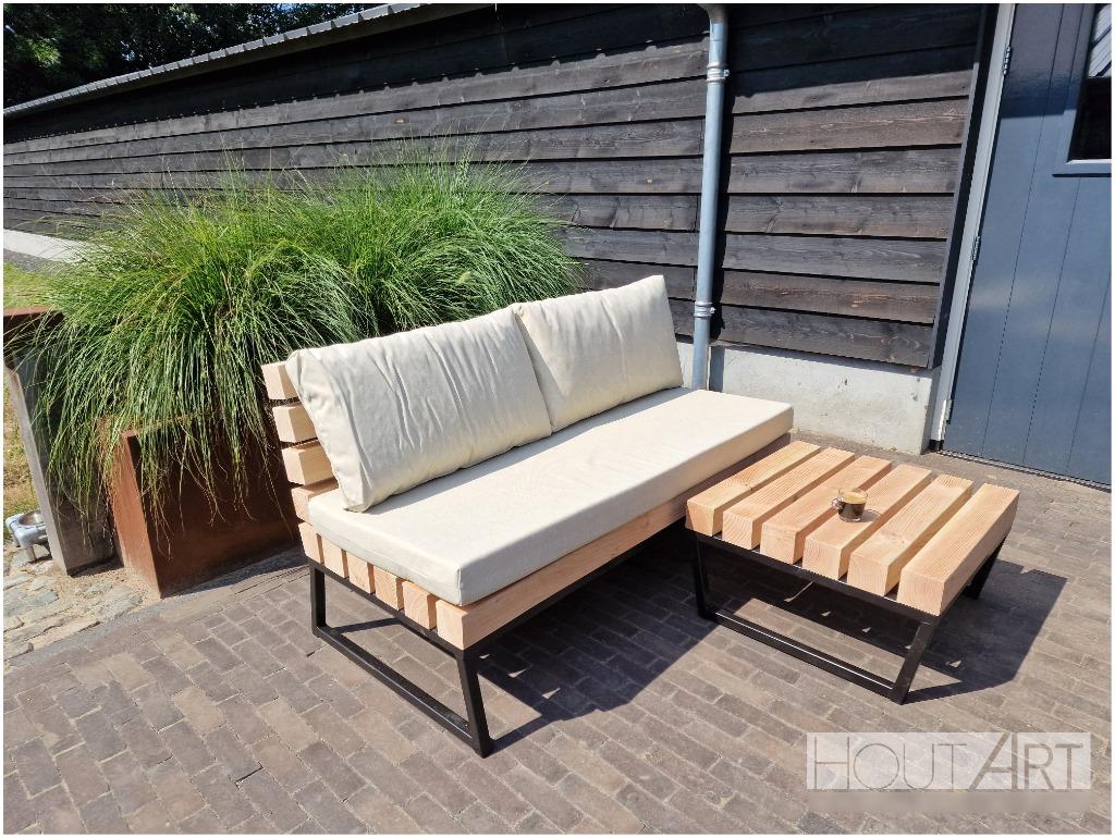 Loungebank Massive staal met douglas balken, Hardhout, Bank, 3 zitplaatsen, Info@hout-art.nl