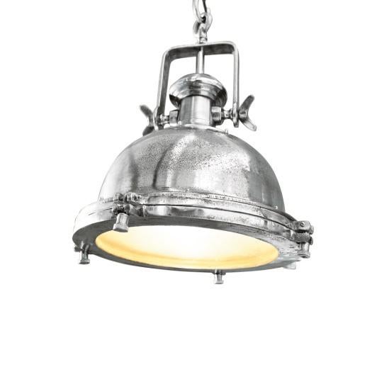 Zware, rustieke, industriële nikkel / metalen hanglamp 50cm, Industrieel / klassiek, Ophalen of Verzenden, Zo goed als nieuw, Glas