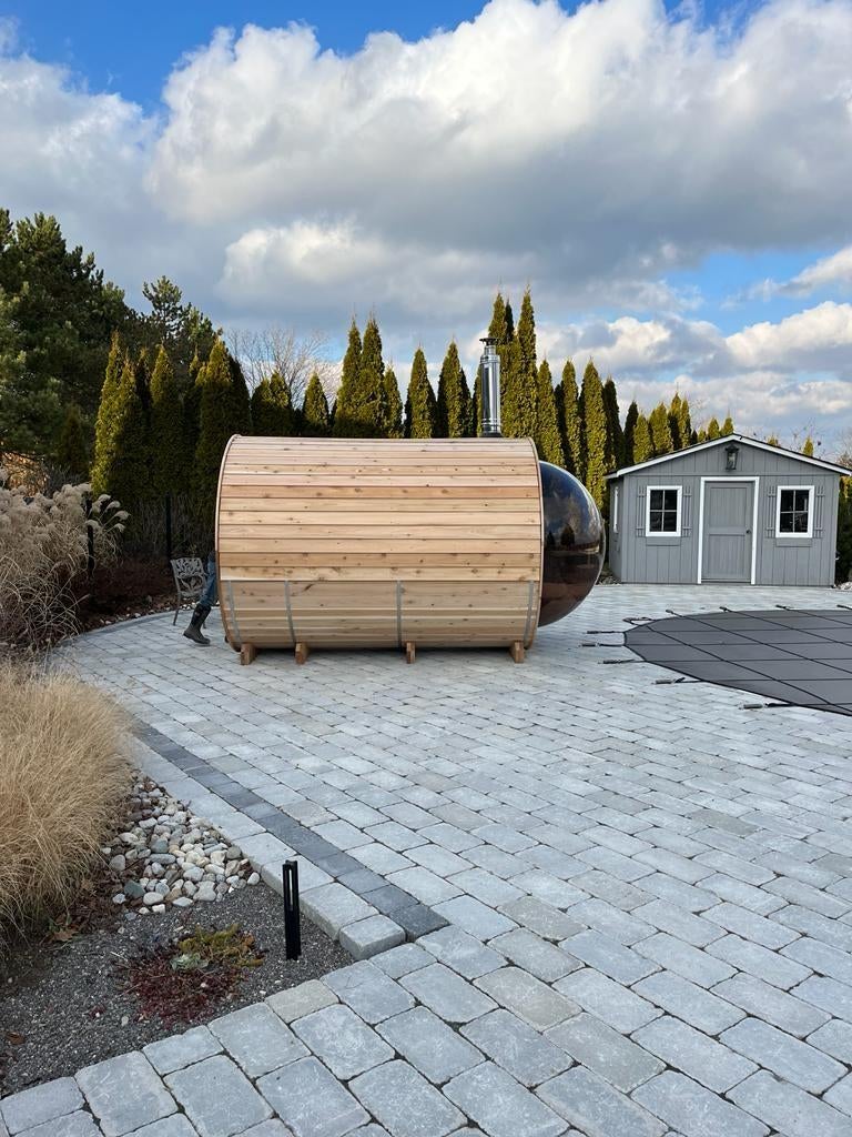 Red cedar Panorama barrel buiten sauna's, ook in thermowood, Ophalen, Fins of Traditioneel, Wellnessandgarden, Info@leisure-wellness-group.com