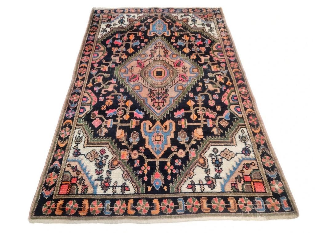 Handgeknoopt Perzisch wol Hamadan tapijt medallion 135x207cm, Crème, Gebruikt, 100 tot 150 cm, Onbekend