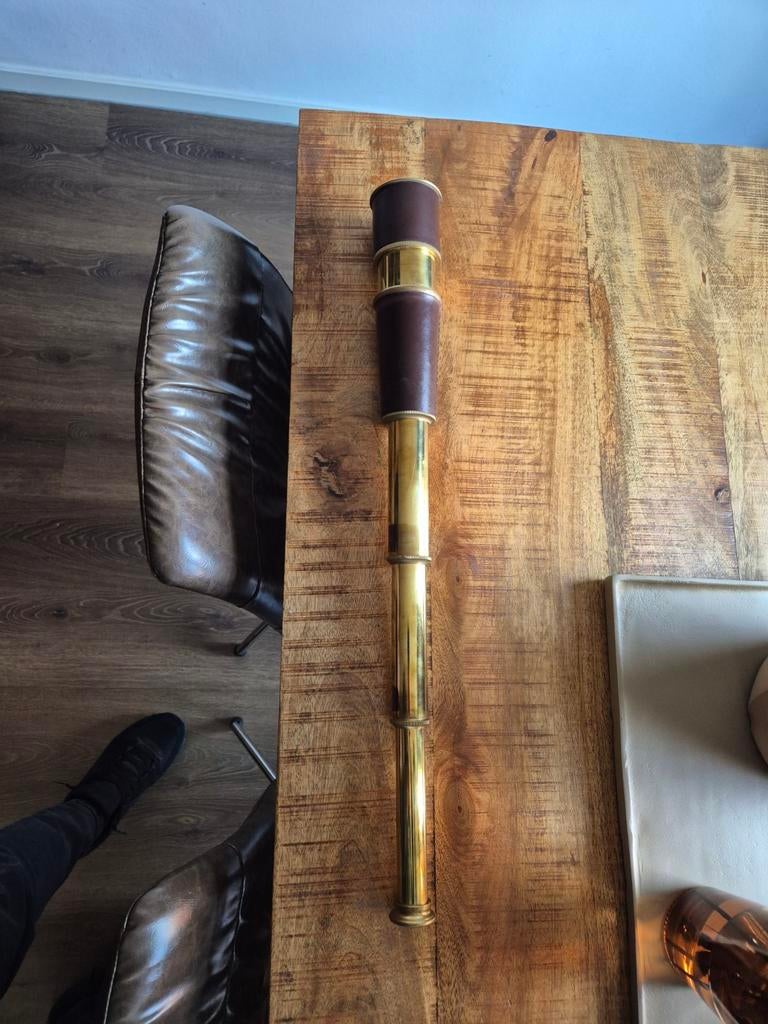 Antieke telescoop verrekijker messing brons leer, Audio, Tv en Foto, Optische apparatuur | Telescopen, Ophalen of Verzenden, Minder dan 80 mm