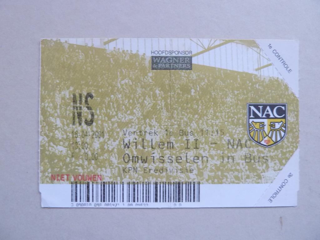 Entreeticket. Willem II - NAC  16 - 04 - 2001, Verzamelen, Sportartikelen en Voetbal, Ophalen of Verzenden, Gebruikt, Willem II
