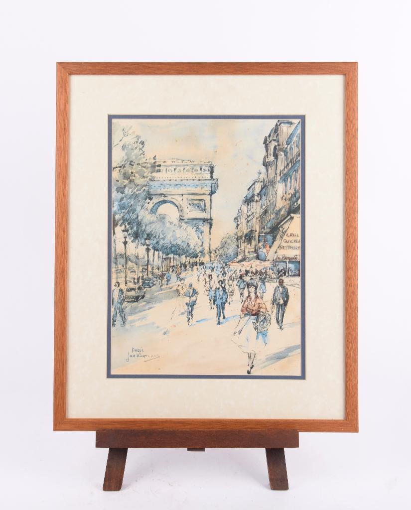 Jan Korthals (1916-1972) – “Champs Elysee, Paris”, Antiek en Kunst, Kunst | Tekeningen en Foto's, Ophalen of Verzenden
