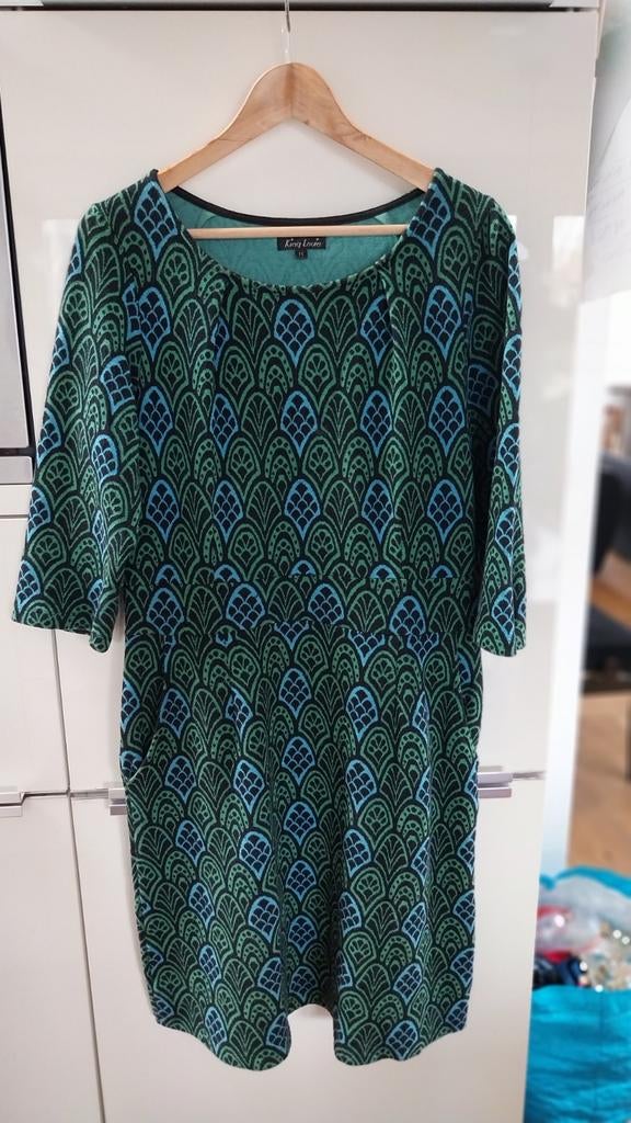 King Louie jurk, model Mona. Maat M. Groen/blauw, Kleding | Dames, Jurken, Zo goed als nieuw, Maat 38/40 (M), Groen, Knielengte