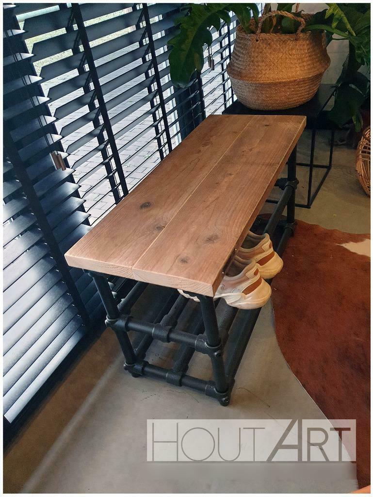 Schoenenrek zwarte steigerbuis met steigerhouten blad!, Info@hout-art.nl, Nieuw, Ophalen of Verzenden, Hoeves 3 in Schijndel