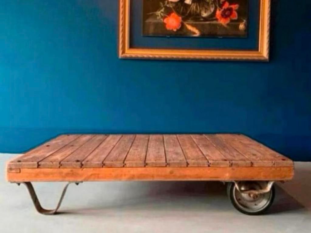 Vintage industriële transport kar, stationskar, salontafel, Huis en Inrichting, Gebruikt, 100 tot 150 cm, 50 tot 100 cm, Vintage, industrieel