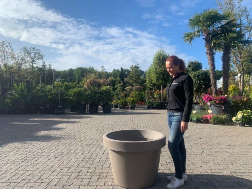 Aanbieding taupe poleyster bloembakken, nu 50% korting!!!, Tuin en Terras, Kunststof, Minder dan 60 cm, Rond, Nieuw