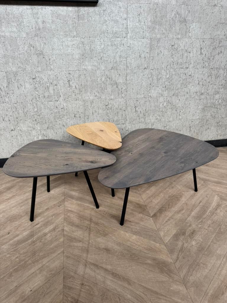 Salontafel trio organische vorm Kiezel *showroom, 50 tot 100 cm, Eikenhout, Zo goed als nieuw, X