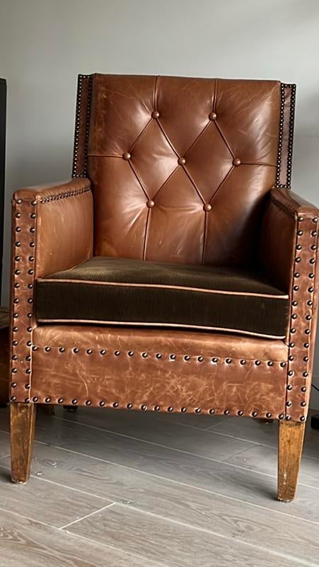 Fauteuil/stoel antieke rundleder/leer, Ophalen of Verzenden, Gebruikt, Leer, 50 tot 75 cm