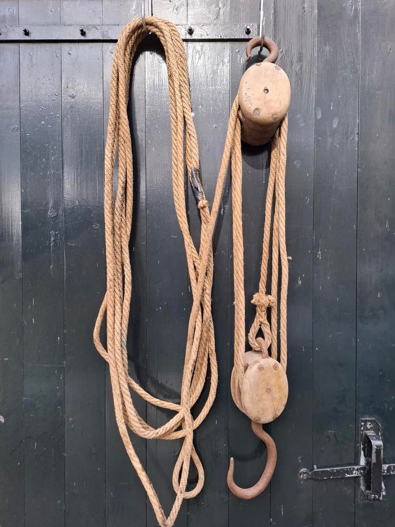 Oud antiek vintage houten katrol hijsblok boerderij barn, Ophalen of Verzenden