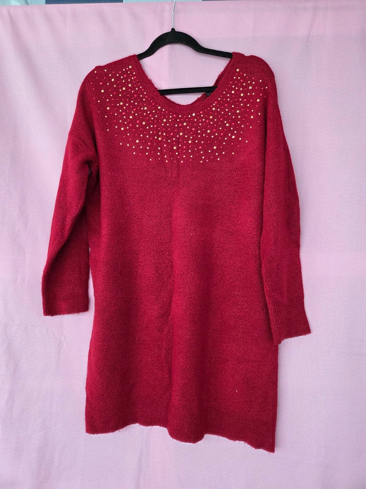 Rode trui jurk met gouden details, Kleding | Dames, Jurken, Maat 42/44 (L), Zo goed als nieuw, Boven de knie, Rood