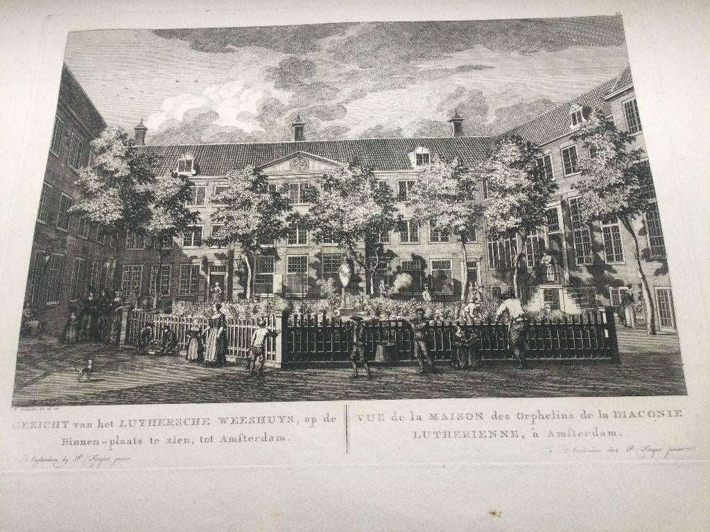 Amsterdam, Lauriersgracht, Lutherse Weeshuis, 1783, Antiek en Kunst, Kunst | Etsen en Gravures, Stadsgezicht, 47 cm, Origineel