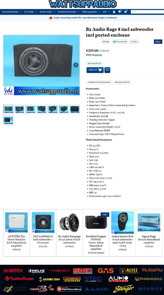 B2 Audio Rage 8 subwoofer incl gepoorte kist 1500W, Auto diversen, B2, ., Ophalen of Verzenden, Zo goed als nieuw