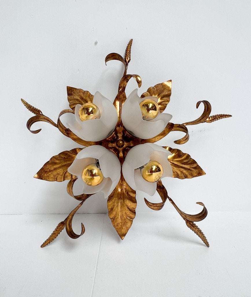 Vergulde XL plafondlamp of wandlamp uit Italië, 1970's, Huis en Inrichting, Gebruikt, E14 (klein), Ophalen of Verzenden, Plafondlamp