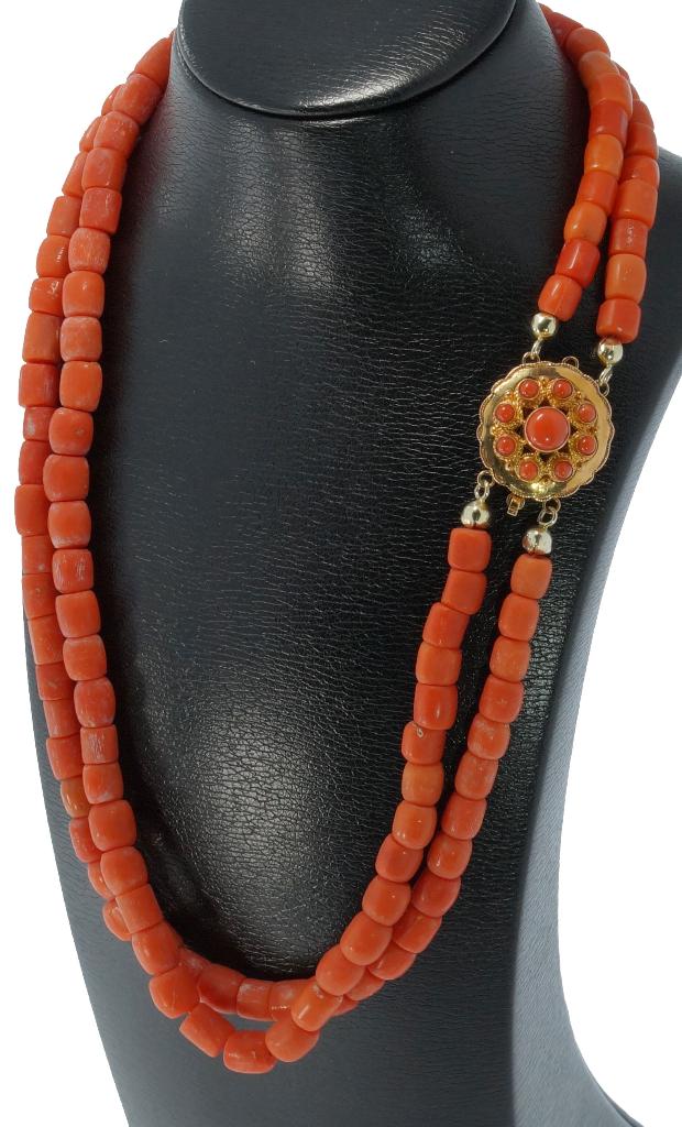 Bloedkoraal antieke ketting 14k gouden fraai slot rozet dame, Verzenden, Goud, Ketting, Met edelsteen