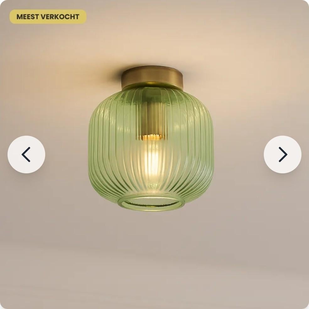 Groene retro plafondlamp Charlois, Huis en Inrichting, Lampen | Plafondlampen, Ophalen of Verzenden, Zo goed als nieuw, Glas, Retro