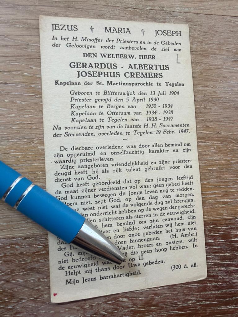 Cremers Gerardus 1904 Blitterswijck 1947 Tegelen priester, Verzamelen, Bidprentjes en Rouwkaarten, Ophalen of Verzenden