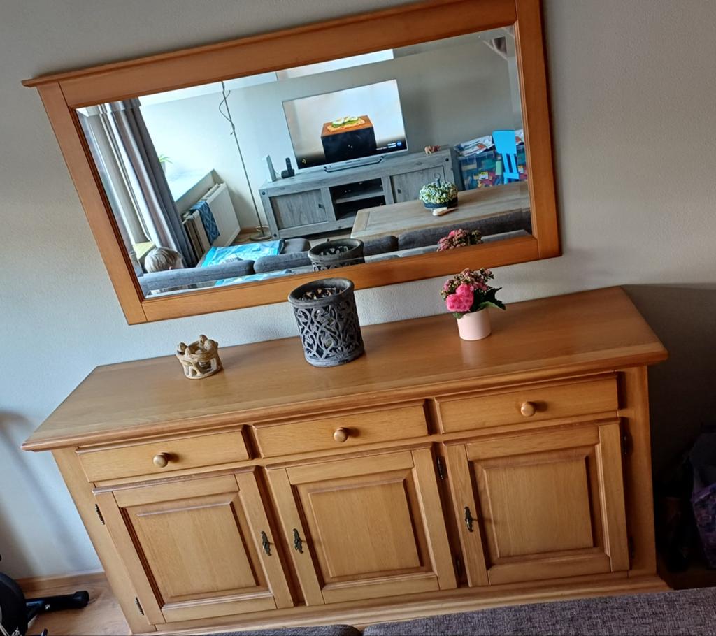Mooi licht eiken dressoir met spiegel, Huis en Inrichting, Kasten | Dressoirs, Ophalen, Gebruikt, 100 tot 150 cm, Eikenhout