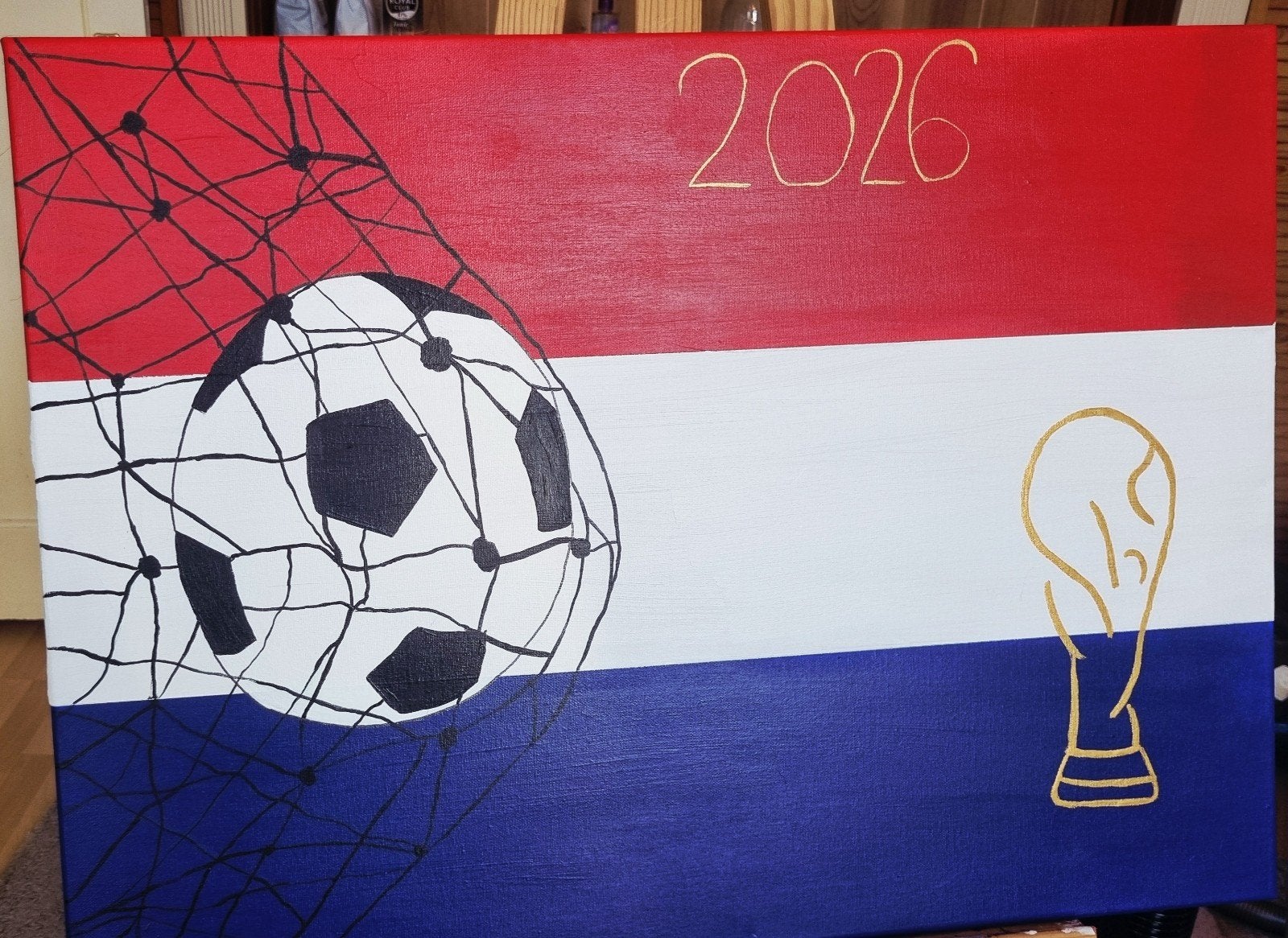 Voetbal WK 2026 Schilderij - Oranje Vlag 55x75cm, Antiek en Kunst, Ophalen