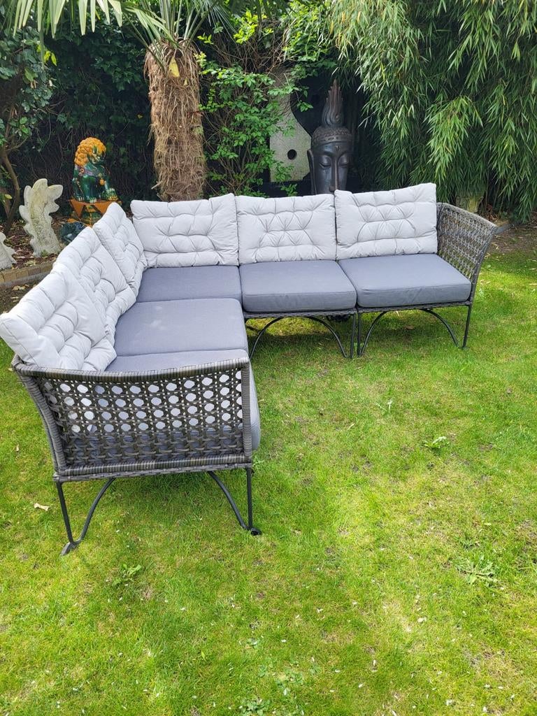 Wicker loungeset / hoekbank van IKEA dikke kussens 205/205cm, Tuin en Terras, Tuinsets en Loungesets, Ophalen, Gebruikt, 6 zitplaatsen