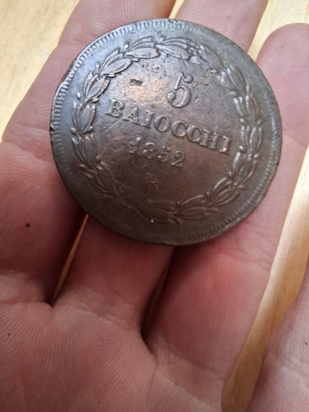 Vaticaanse koperen munt, 5 Baiocchi, 1852, Postzegels en Munten, Ophalen of Verzenden, Italië, Losse munt