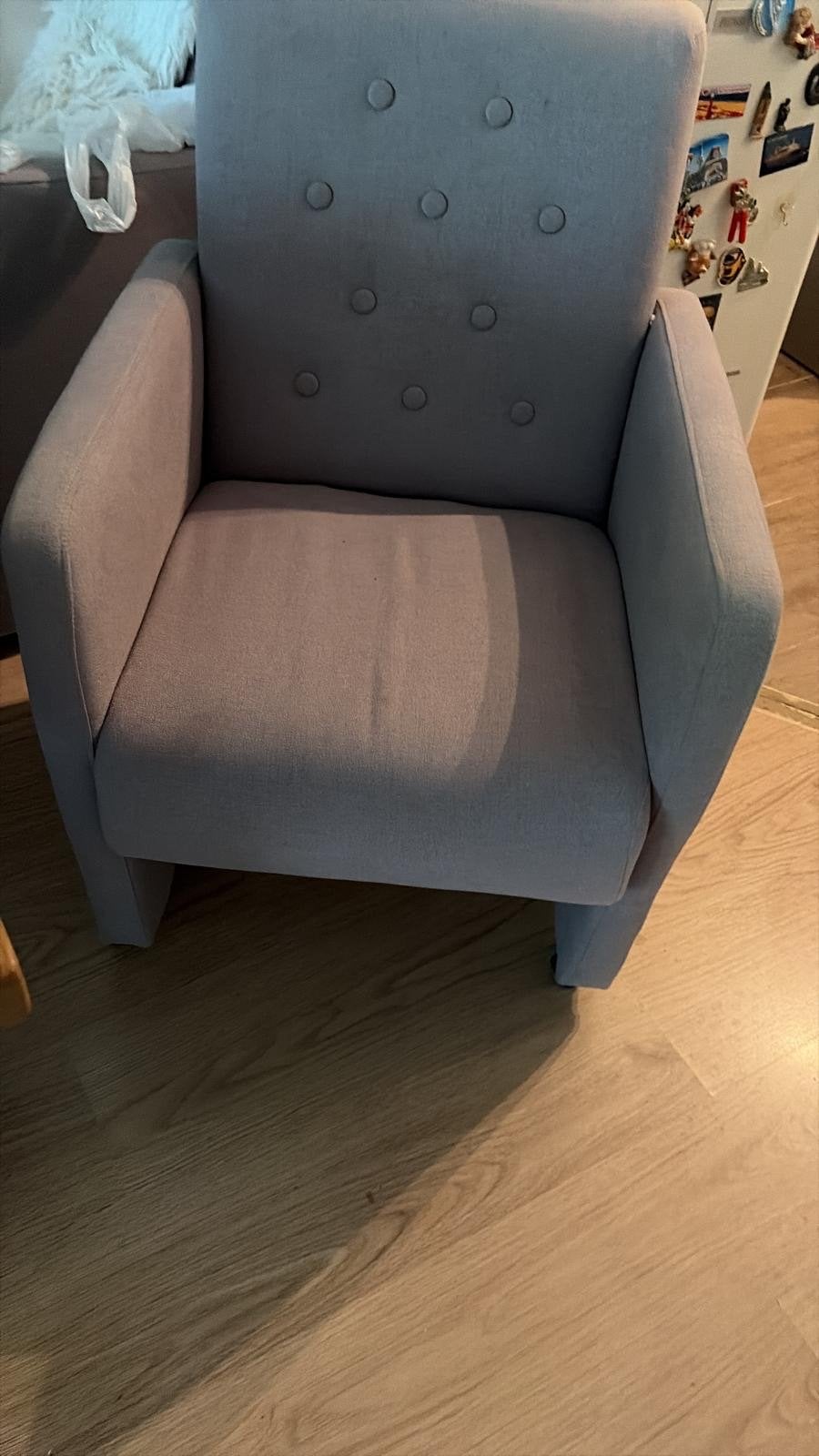 4x Comfortabele grijze fauteuil met knoopdetails, Ophalen, Gebruikt, 75 tot 100 cm, Stof