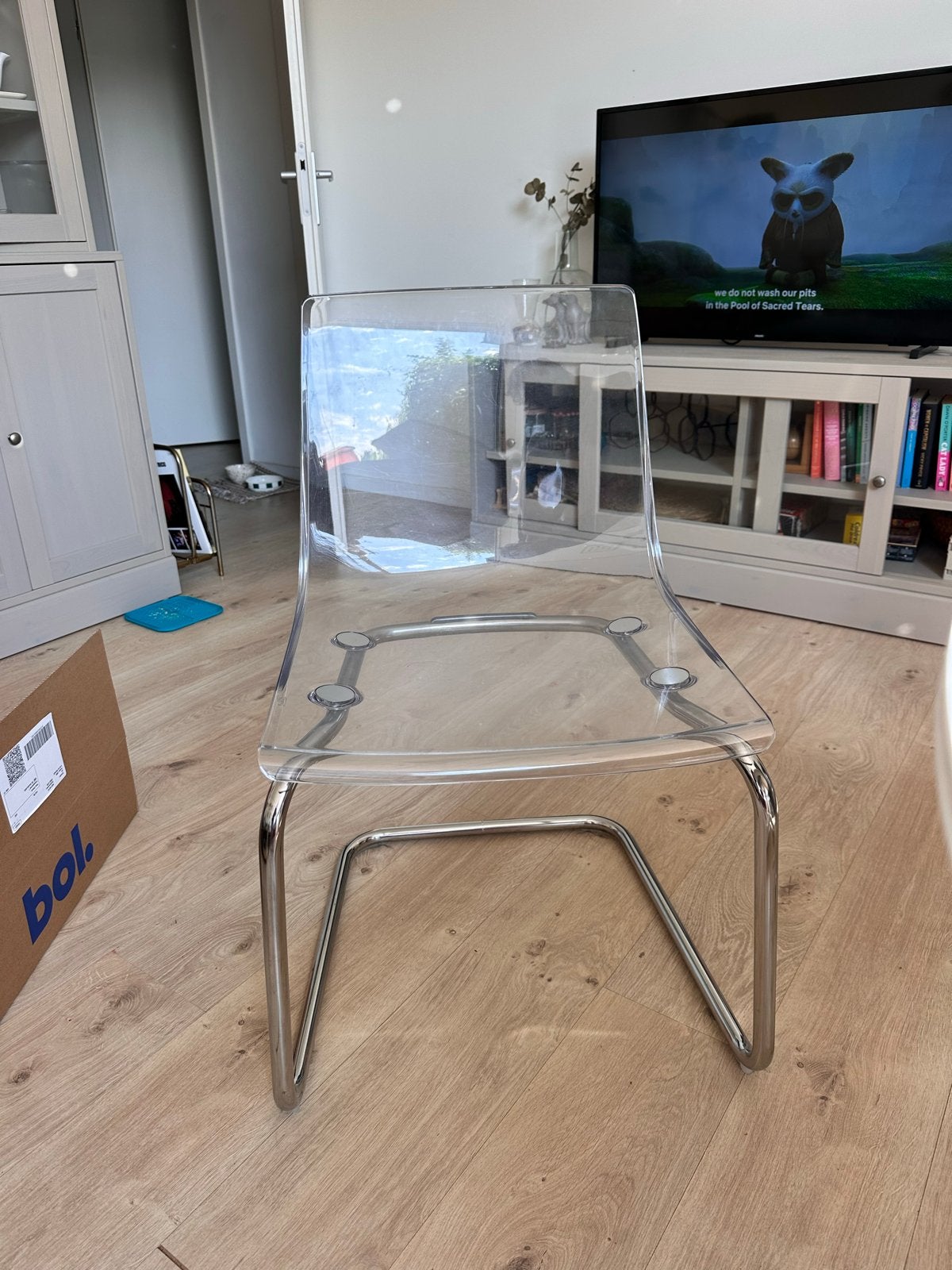 4 Eetkamerstoelen Tobias - transparant / verchroomd, Ophalen, Kunststof, Gebruikt, Overige kleuren
