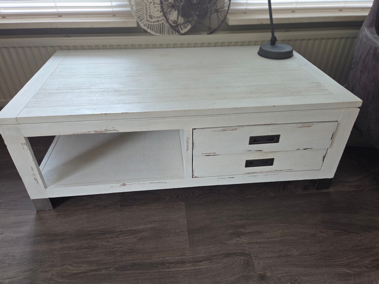 Witte salontafel met lades en opbergruimte, Gebruikt, 100 tot 150 cm, Overige houtsoorten, Landelijk, Brocante