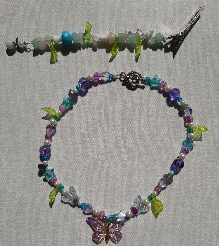 Set ketting en haar clip fairy bloemig vlinders handgemaakt, Overige materialen, Overige kleuren, Nieuw, Ophalen of Verzenden