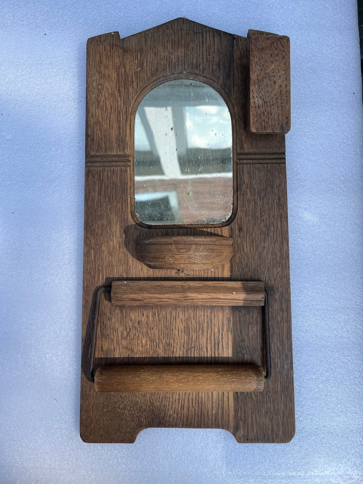 Antieke houten wc-rolhouder met spiegeltje en luciferhouder, Antiek en Kunst, Ophalen of Verzenden, Rechthoekig, Minder dan 50 cm