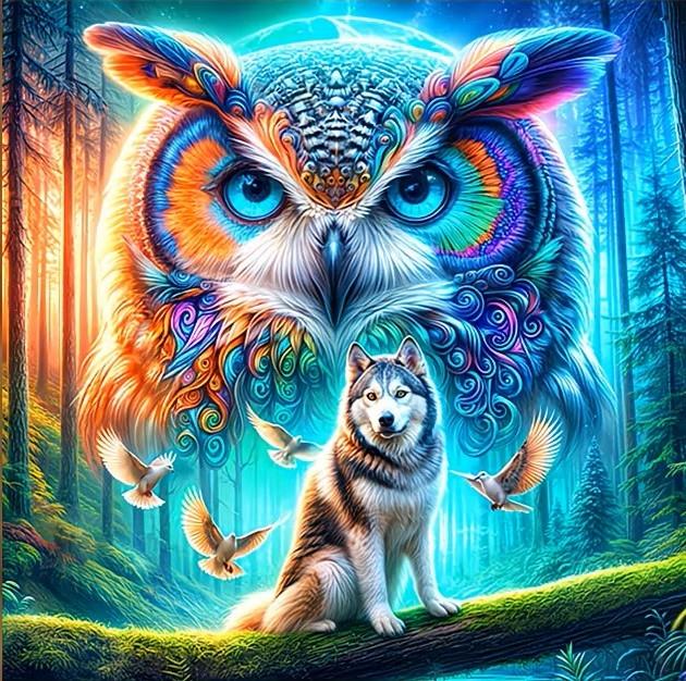 nr 296 Diamond Painting wolf met uil 30x30cm, Nieuw, Meerkleurig, Ophalen of Verzenden, Overige materialen