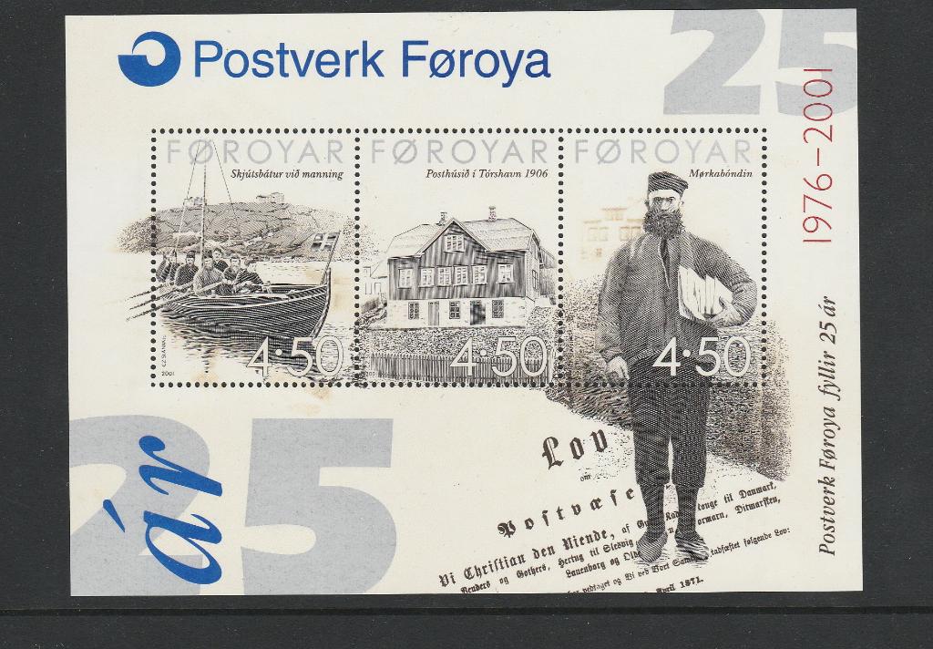 Faroer blok 25jaar Faroese Post (2001)., Verzenden, Denemarken, Postfris