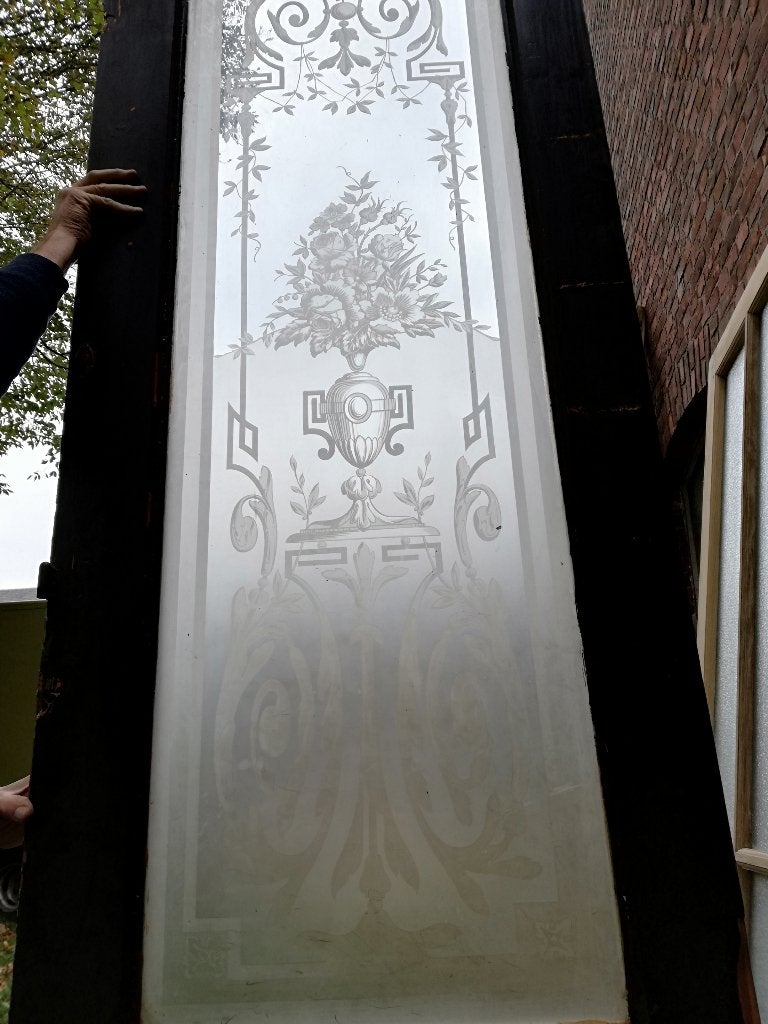 Prachtig ge-etste glasplaat afm 164x53,5, deur 256hx76,5br, Ophalen