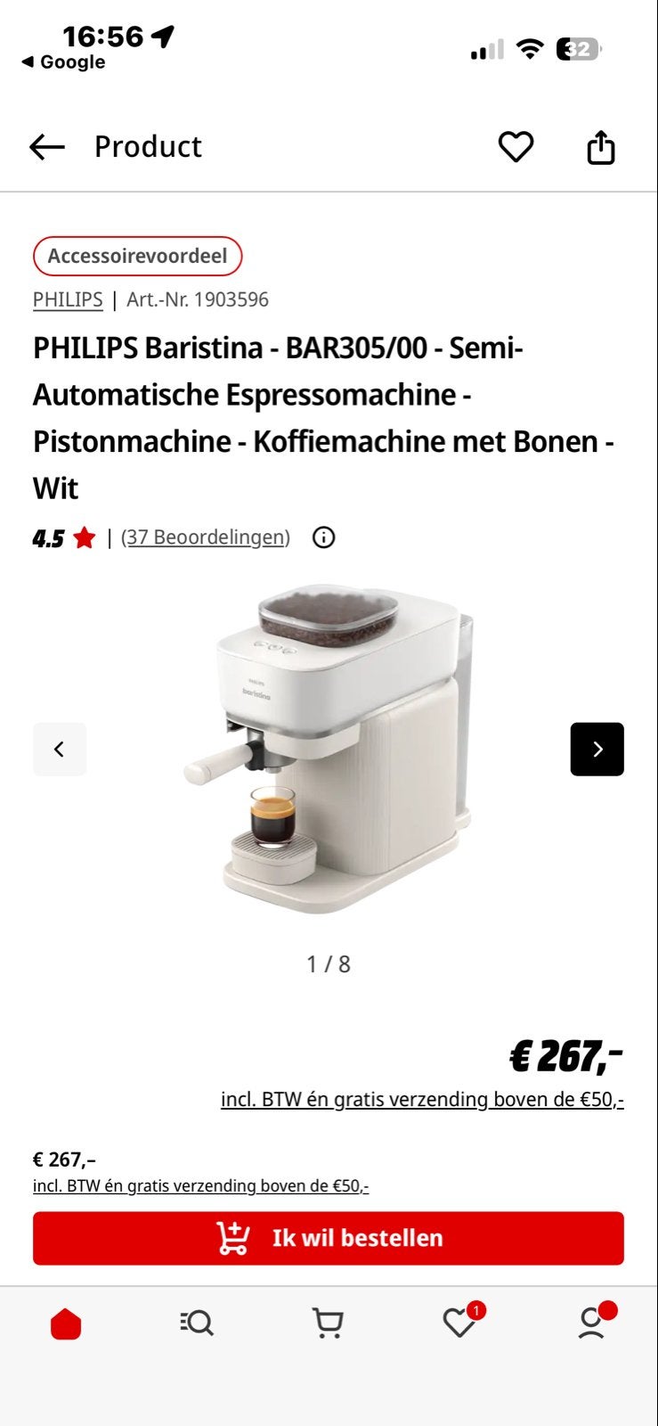 Philips Baristina BAR305/00 Espressomachine - Zo goed als ni, Espresso apparaat, Zo goed als nieuw, 1 kopje, Koffiebonen