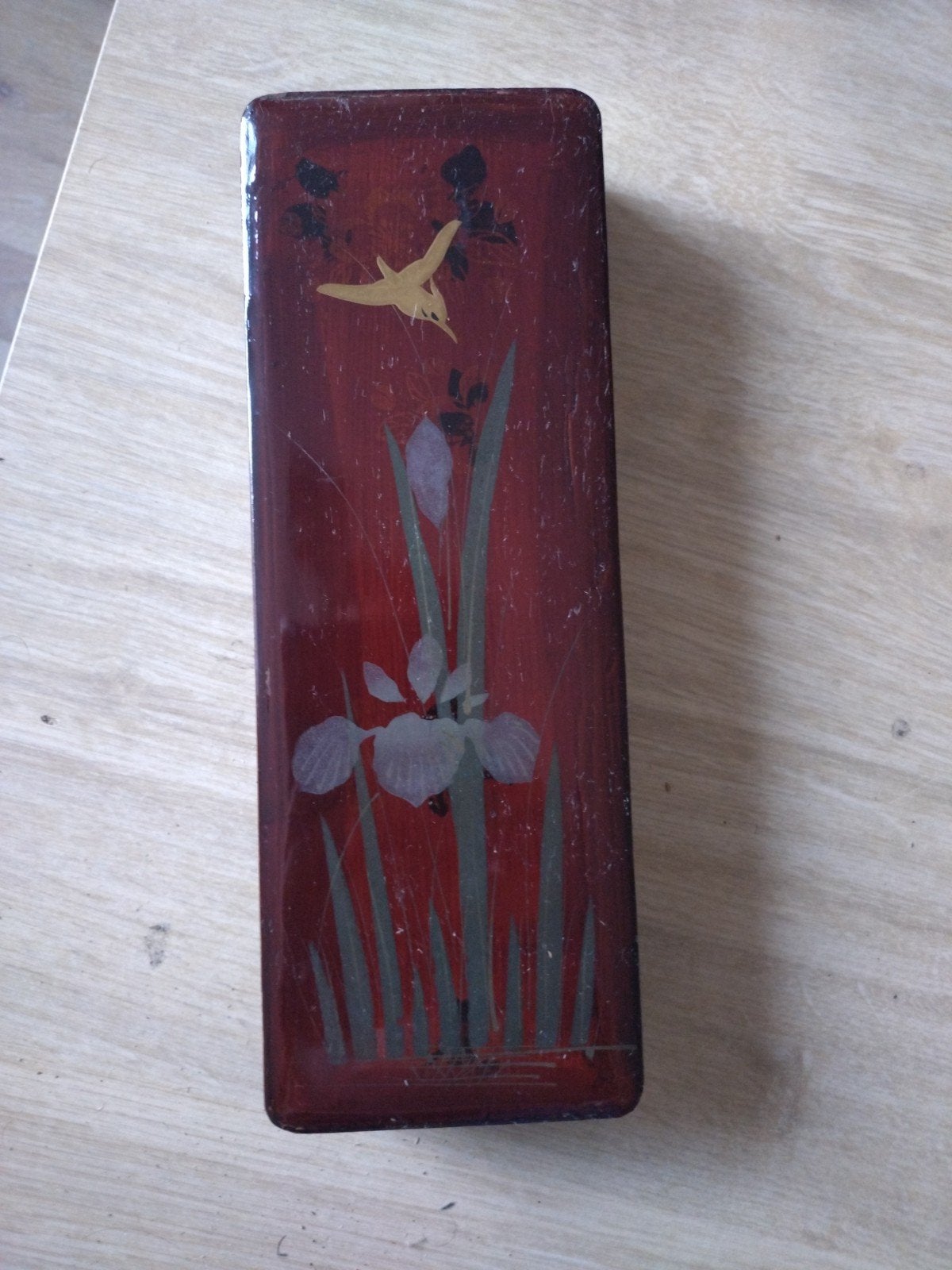 Vintage Japanse Lakdoos met Iris en Vogel Decoratie, Antiek en Kunst, Ophalen of Verzenden