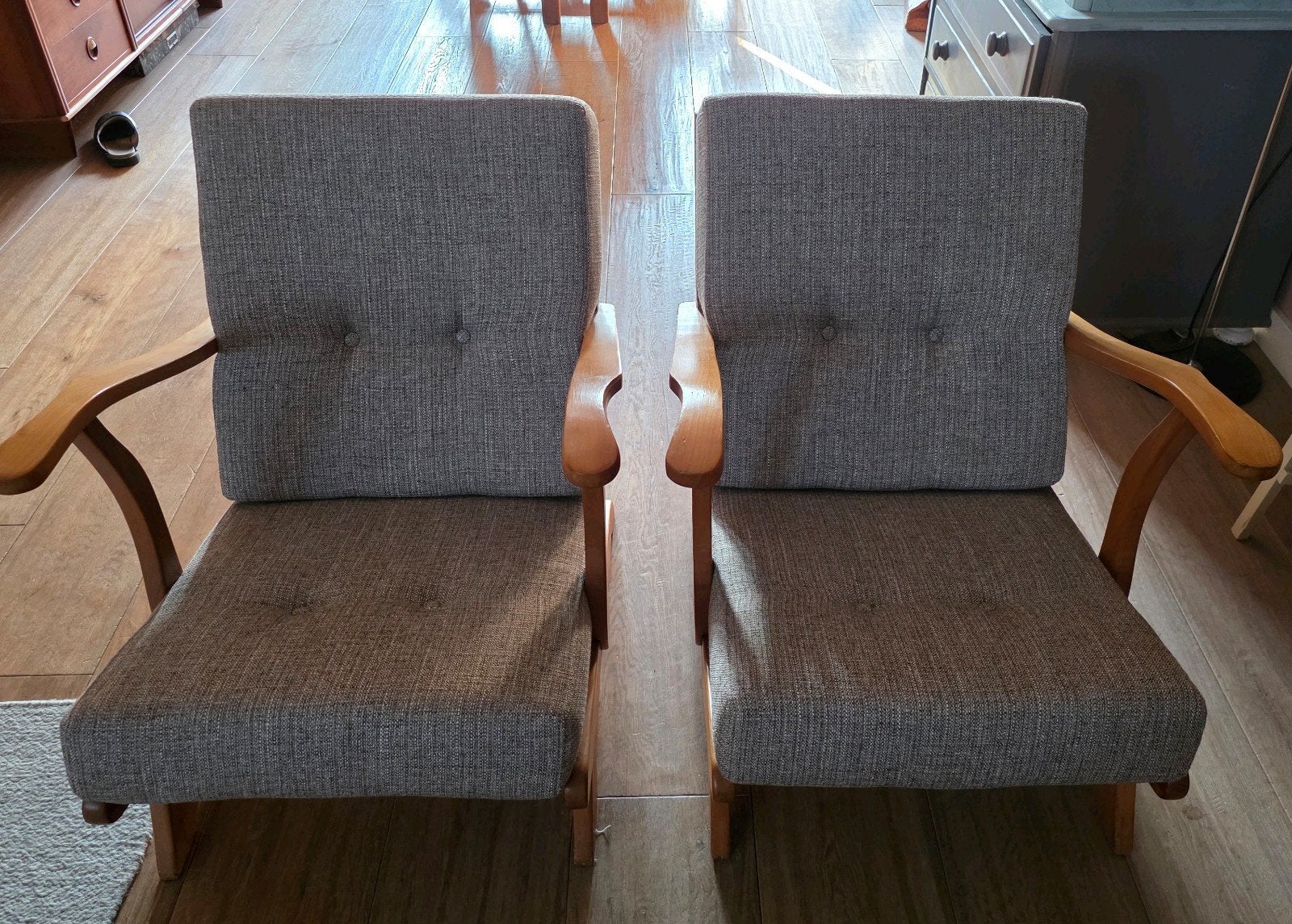 Set van 2 vintage jaren '50 fauteuils - Nieuw gestoffeerd, Ophalen of Verzenden, Zo goed als nieuw, Stof, Nvt