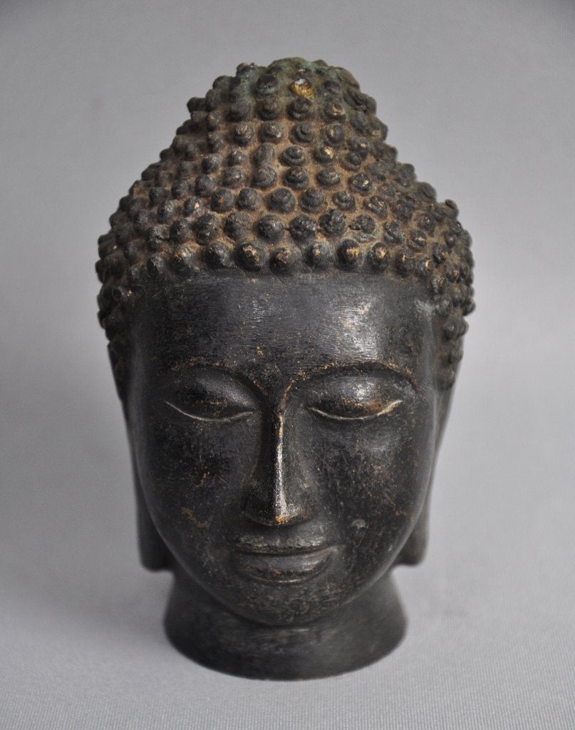 Bronzen Boeddhakop in Khmer Bayon-stijl - 12 cm, Ophalen of Verzenden