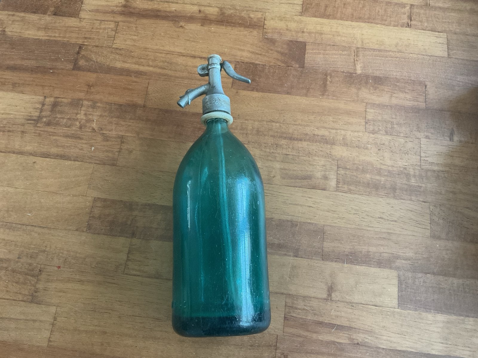 Vintage Roemeense spuitfles- Groen glas met metalen kop, Ophalen of Verzenden