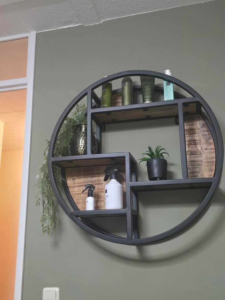 Industrieel rond wandrek met houten planken, Huis en Inrichting, Woonaccessoires | Wandplanken en Boekenplanken, Ophalen of Verzenden