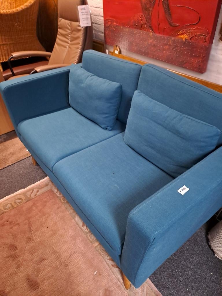 Comfortabele 2-zitsbank van stof in blauw/groen, Huis en Inrichting, Banken | Bankstellen, Gebruikt, Rechte bank, Tweepersoons