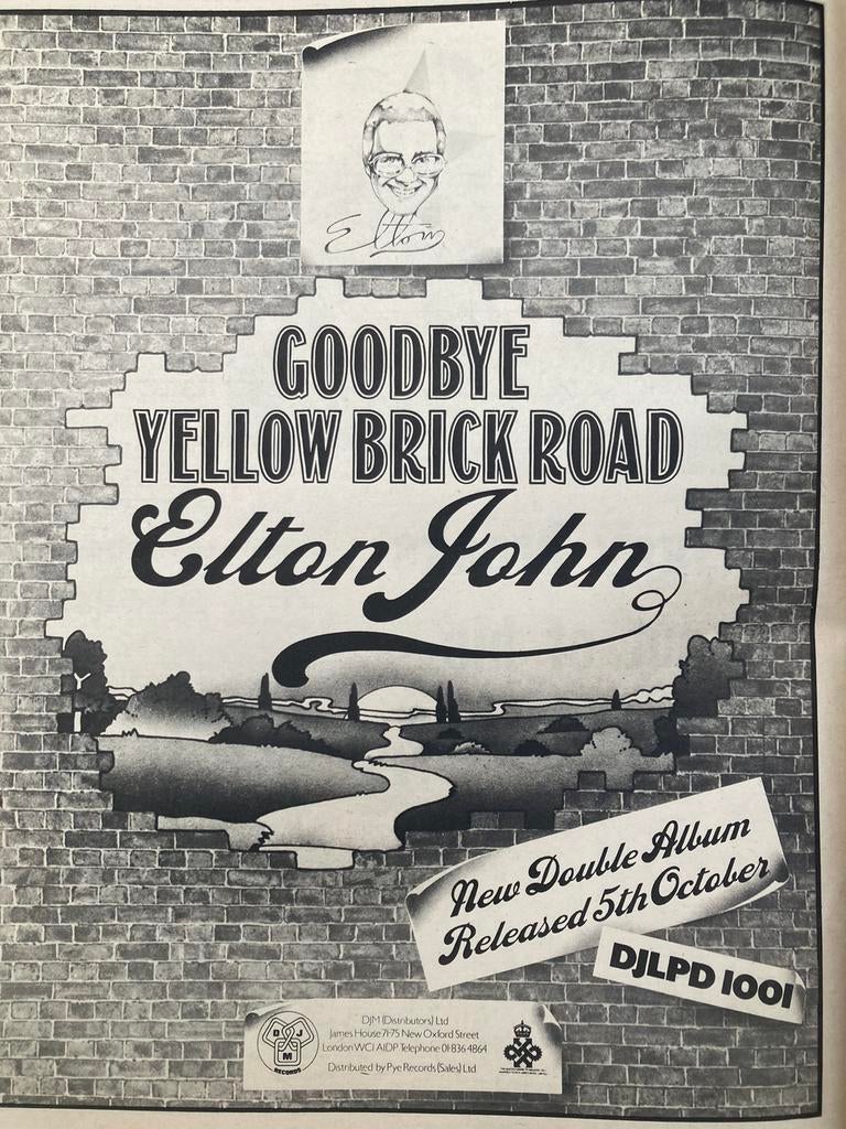 Paginagrote A3 advertentie ELTON JOHN Goodbye Yellow Brick, Ophalen of Verzenden