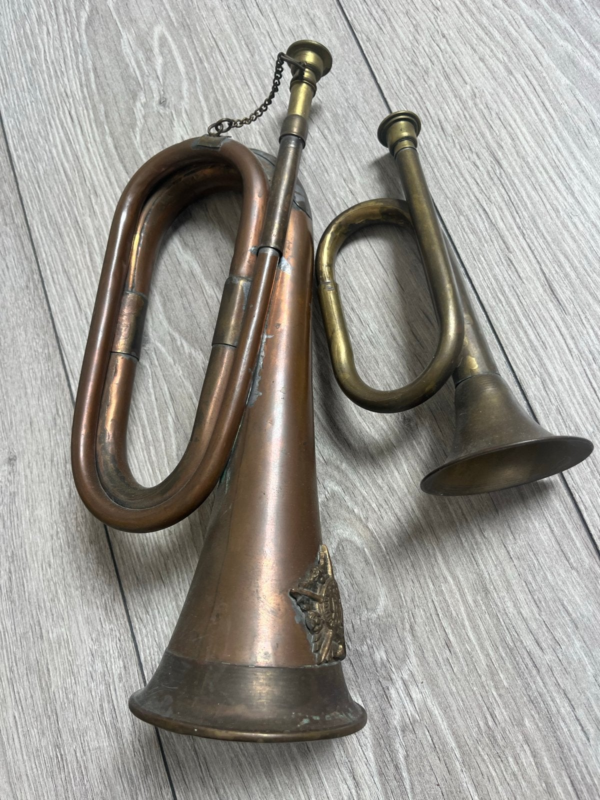 Antieke koperen trompetten., Muziek en Instrumenten, Blaasinstrumenten | Trompetten, Ophalen of Verzenden, Gebruikt, Overige typen