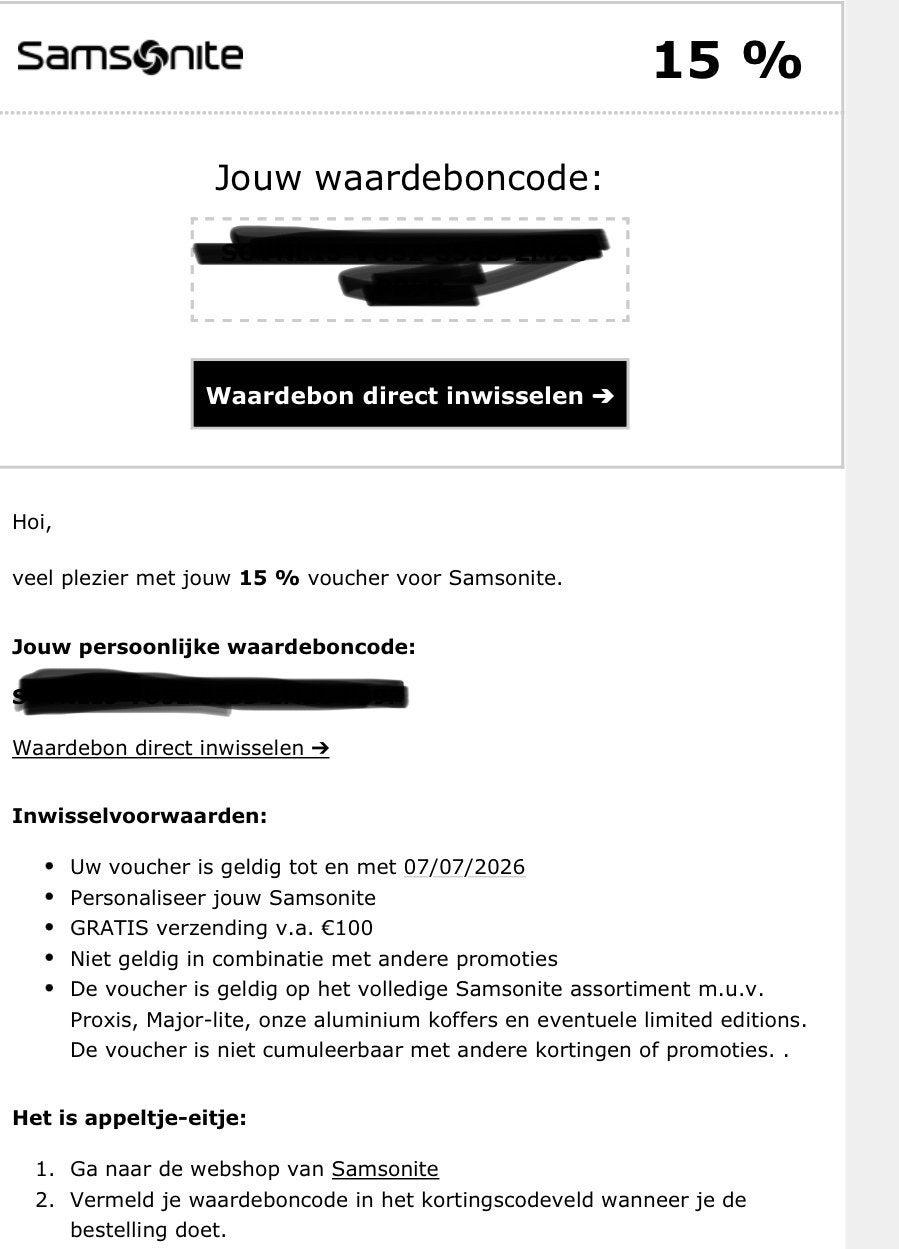 Samsonite 15% korting, Eén persoon, Kortingsbon