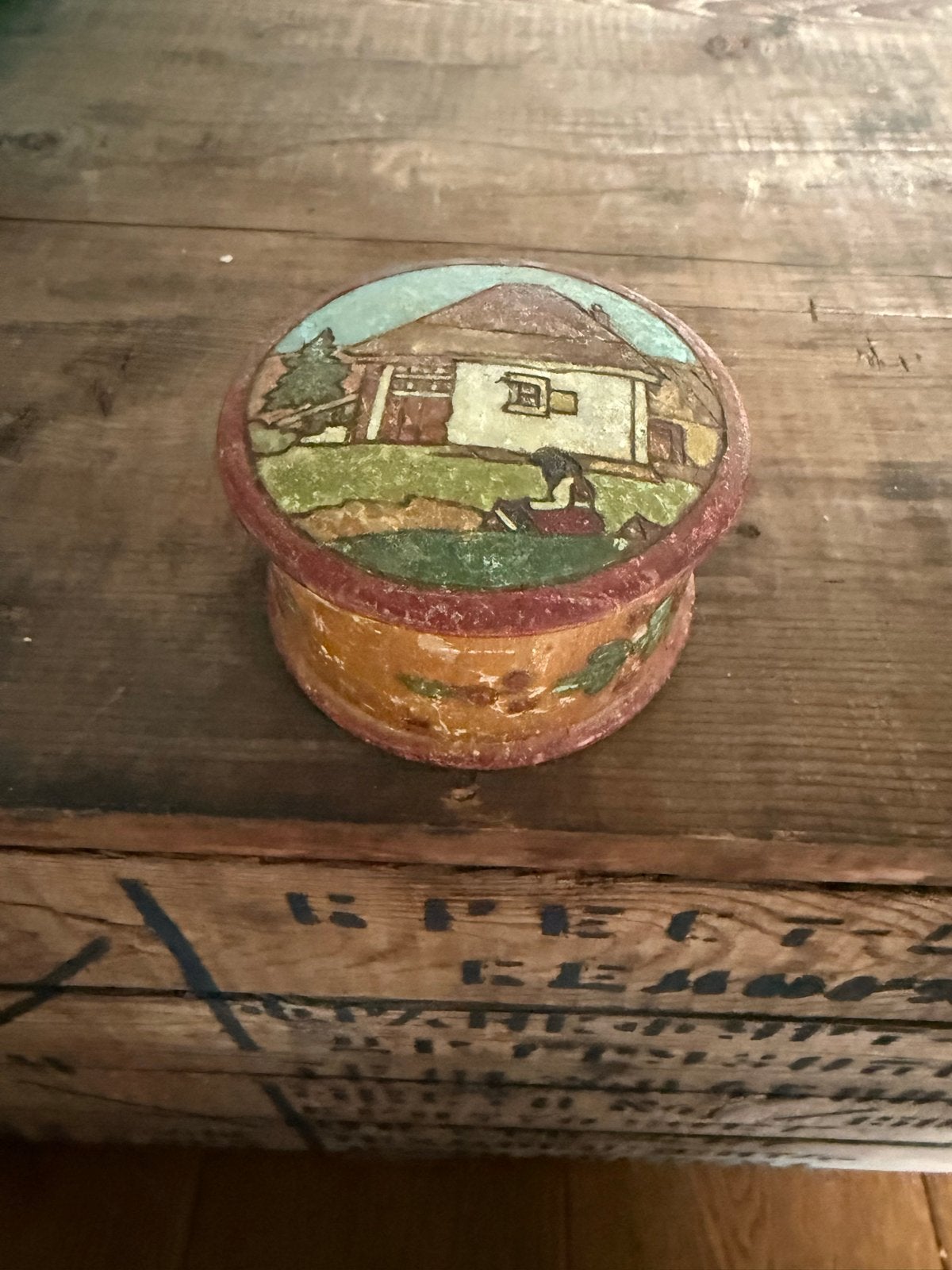 Vintage houten doosje met handgeschilderd landschap, Ophalen of Verzenden