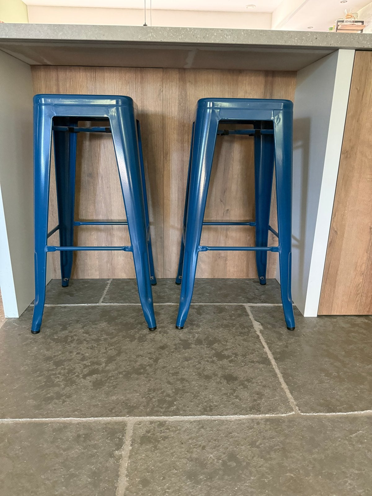 Sateliet Barkrukken set blauw metaal setprijs!, Ophalen, Gebruikt, 60 tot 90 cm, Metaal