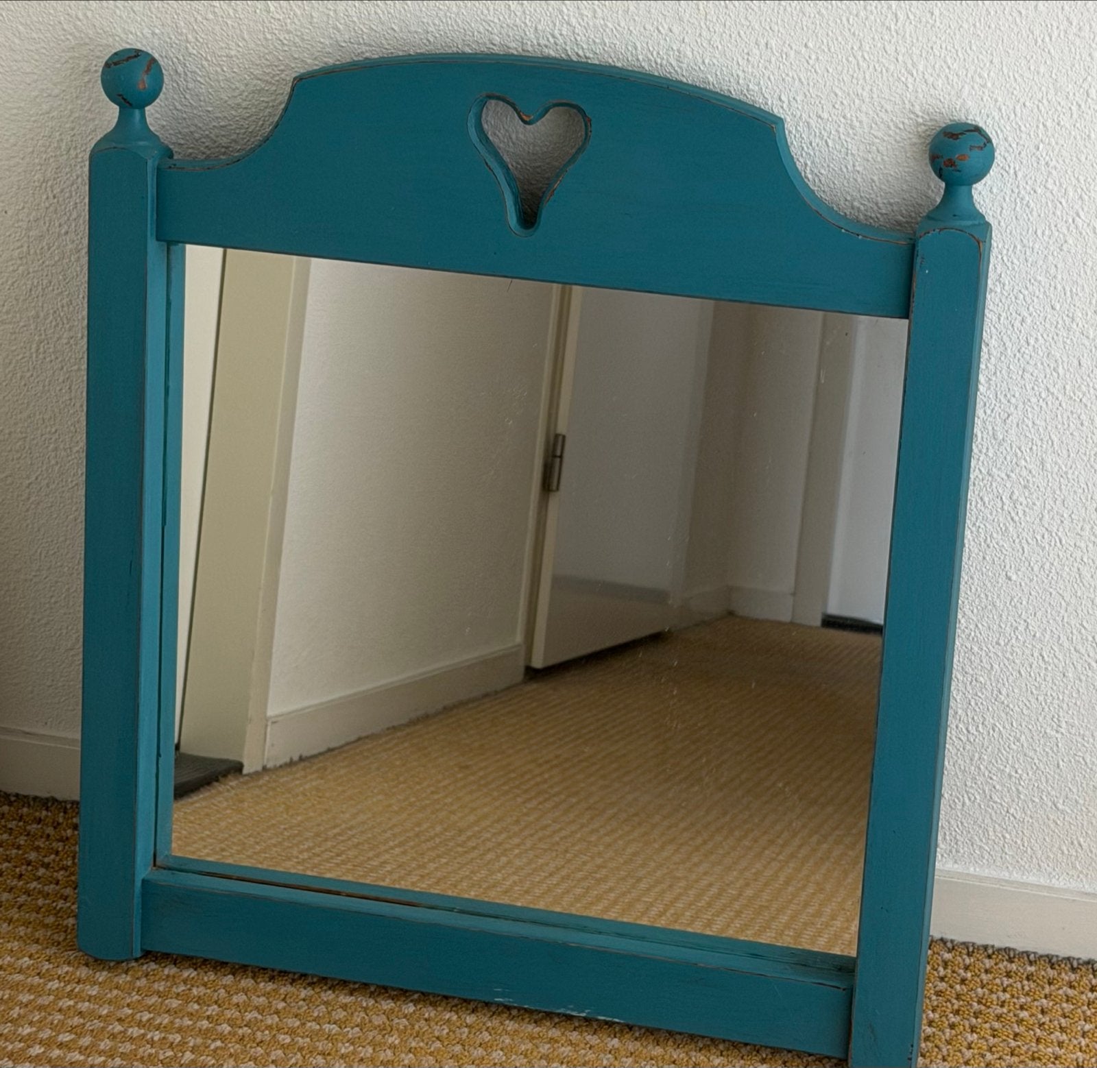 Vintage spiegel met hartje - Petrol blauw, Ophalen, Gebruikt, Rechthoekig, 50 tot 75 cm