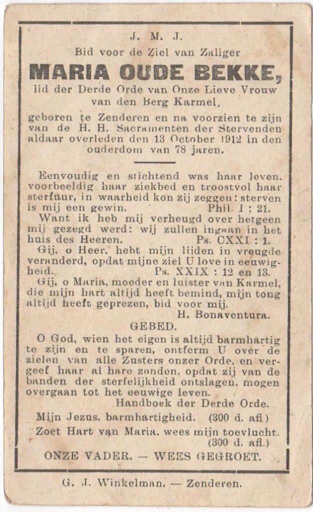Maria Oude Bekke 1834 Zenderen + 1912 Zenderen, 78 jaar oud, Verzamelen, Verzenden