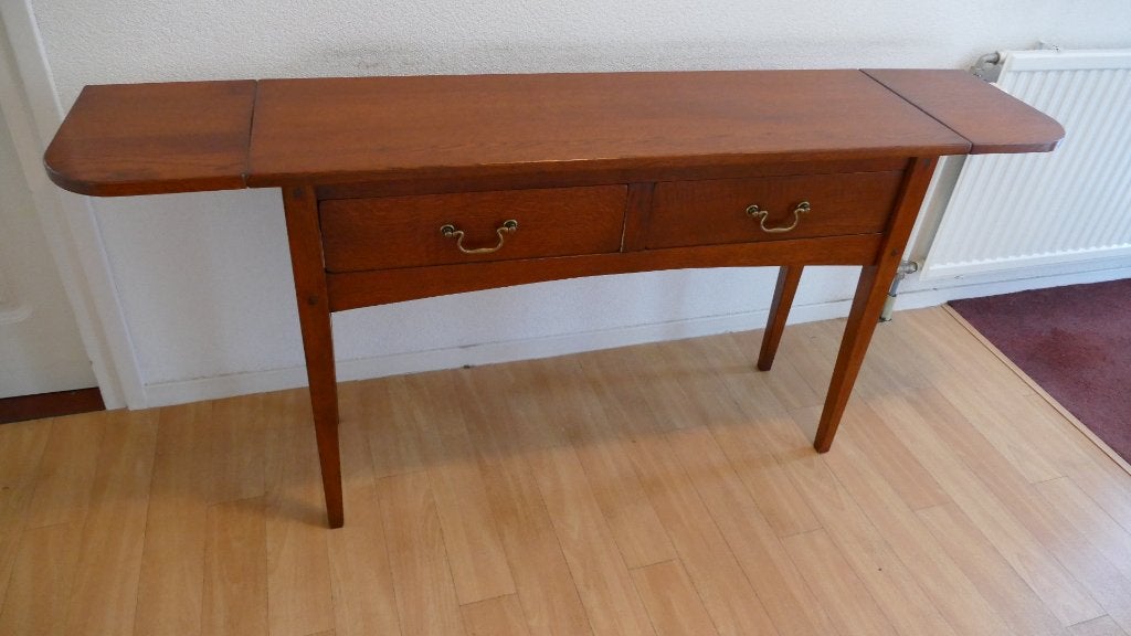 Donker eikenhouten uitklapbare console-, side tafel, 2 lades, Huis en Inrichting, Ophalen, Klassiek, Zo goed als nieuw, Overige materialen