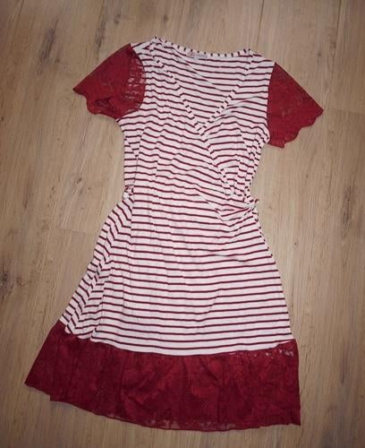 Rood Wit Gestreepte Jurk met Kant DIDI (S), Kleding | Dames, Jurken, Gedragen, Maat 36 (S), Rood, Knielengte, Ophalen of Verzenden