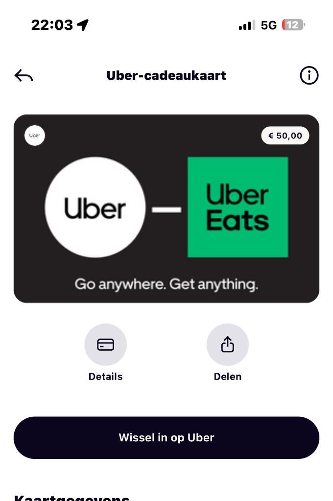 UBER online cadeaubon, Eén persoon, Cadeaubon, Warenhuis- of Winkelbon